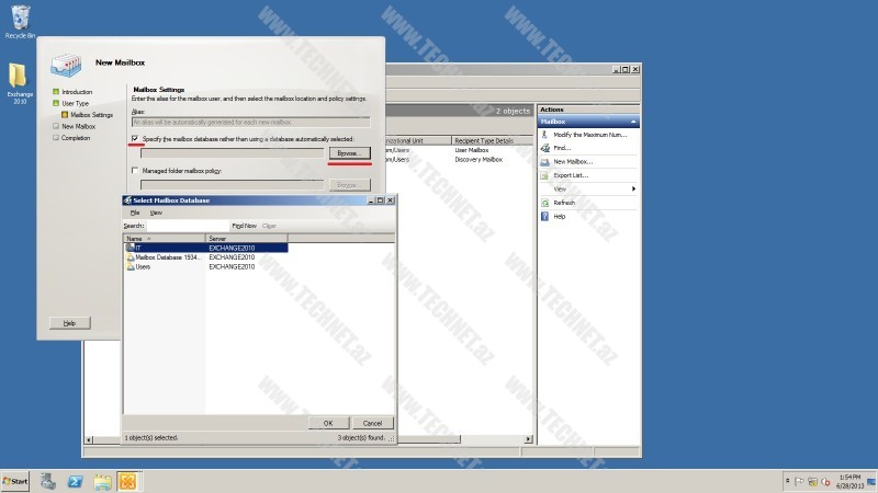 User mailbox database selected